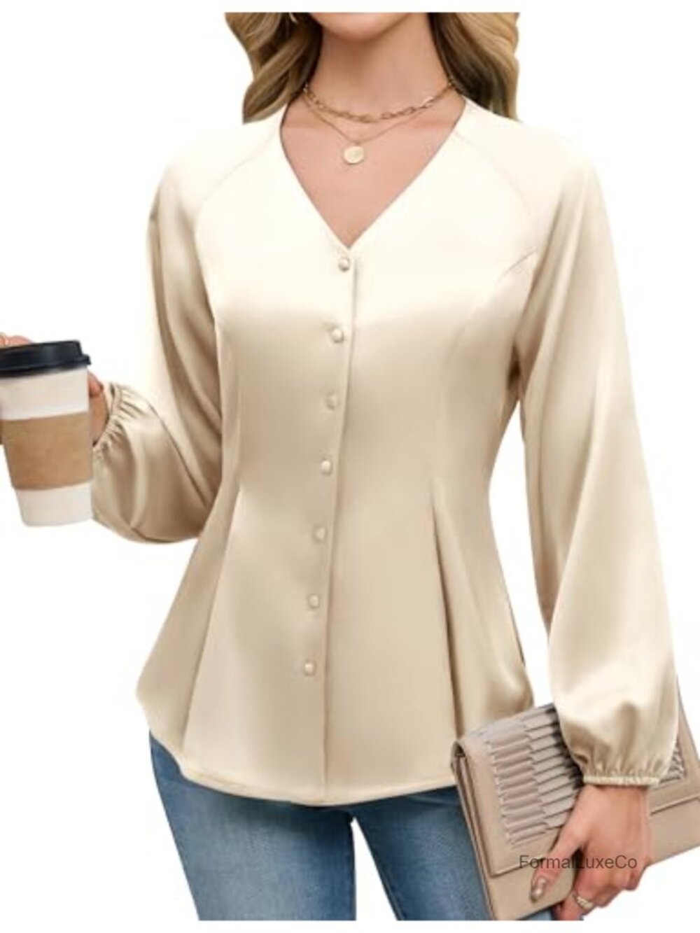 Satin Silk Peplum Blouse Button Down Long Sleeve Work Top